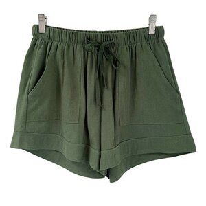 Temu Women's Mom Shorts M Green High Rise Drawstring Relaxed Pockets Cotton 4"